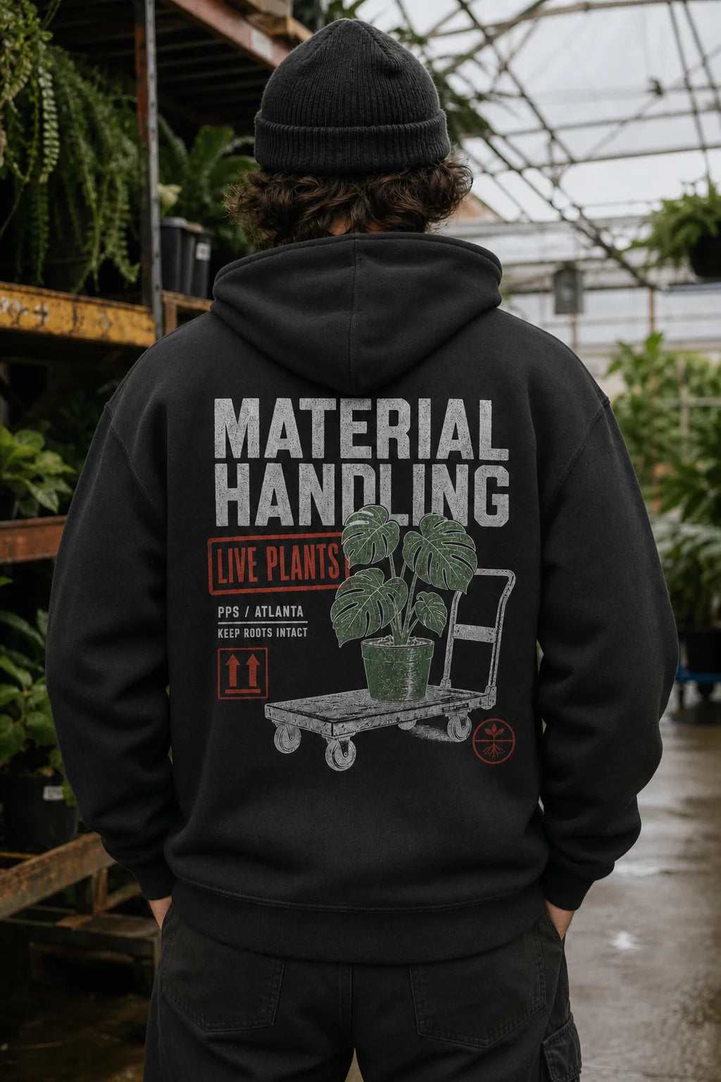 Plant Print Supply Material Handling black hoodie back digital product preview