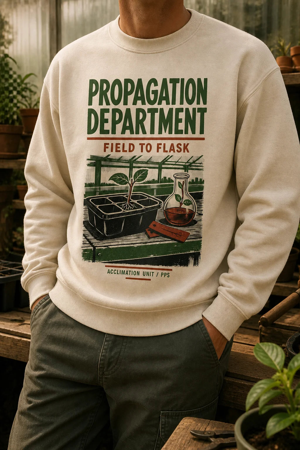 Plant Print Supply Propagation Department Field to Flask sand crewneck digital product preview