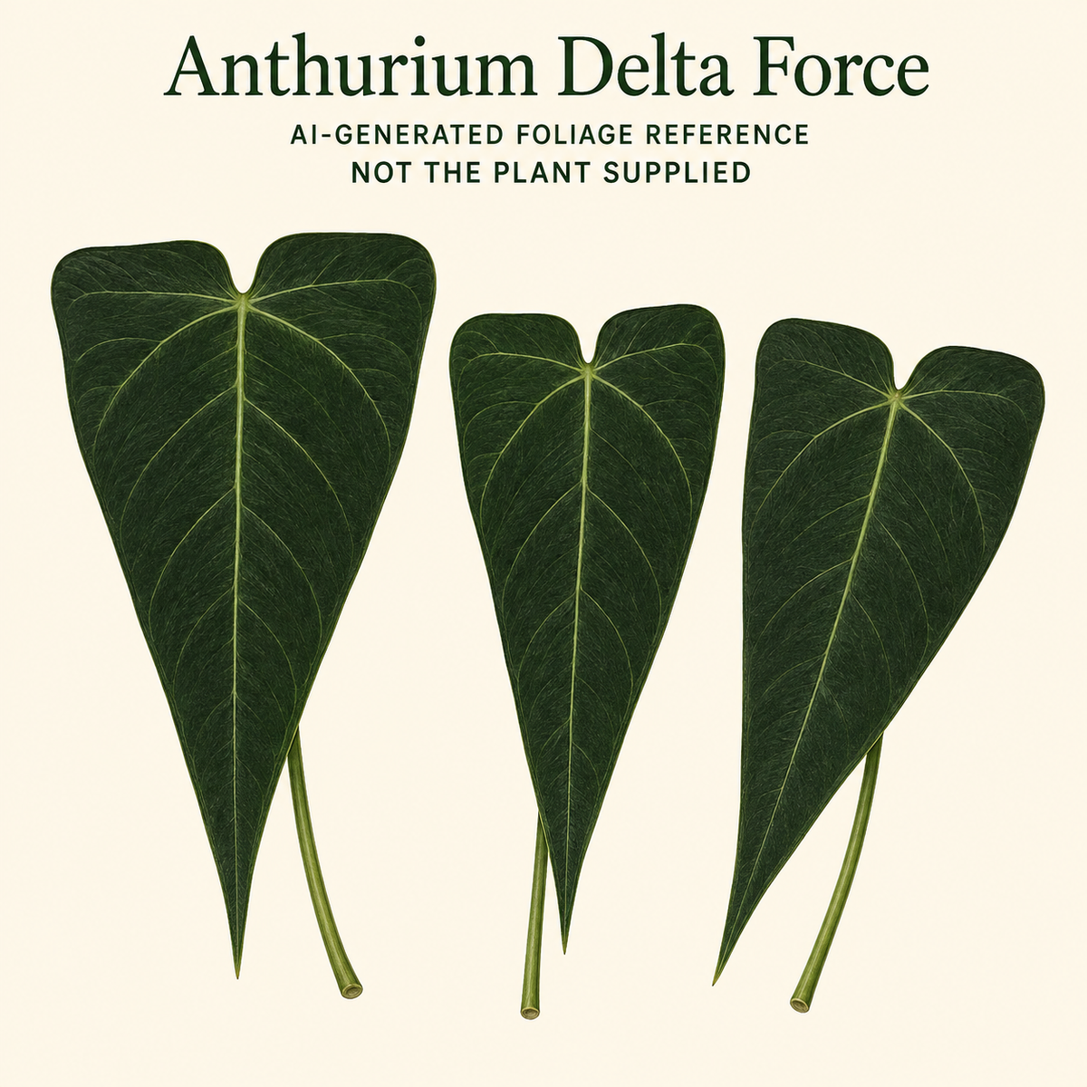 AI-generated foliage reference illustration for Anthurium Delta Force. Not a photo of an available or supplied plant; size, stage and exact pattern are not promised.