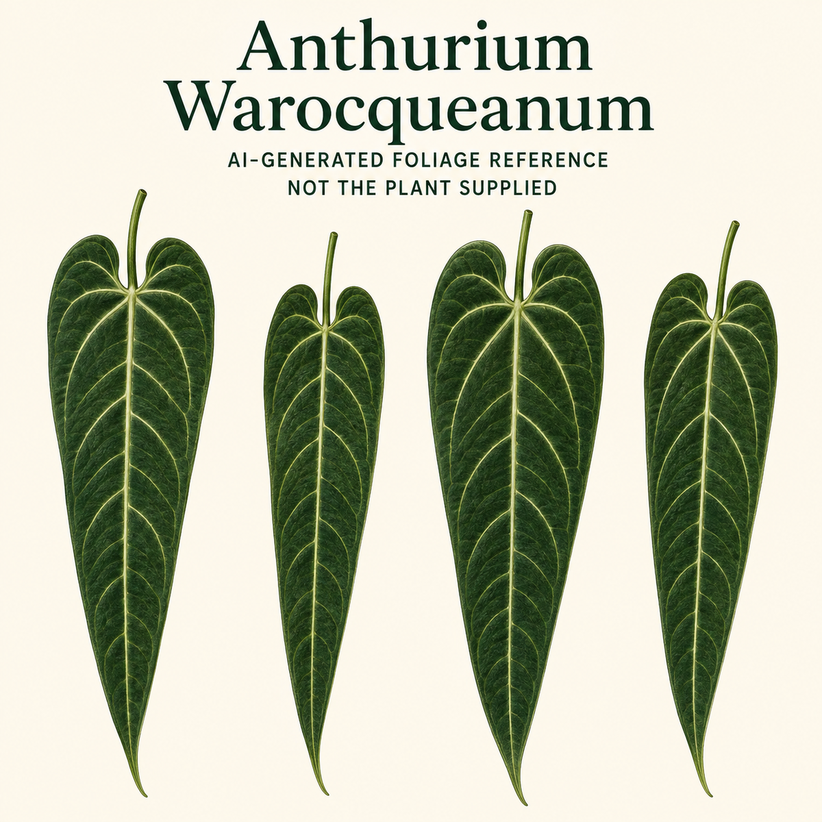 AI-generated foliage reference illustration for Anthurium warocqueanum. Not a photo of an available or supplied plant; size, stage and exact pattern are not promised.