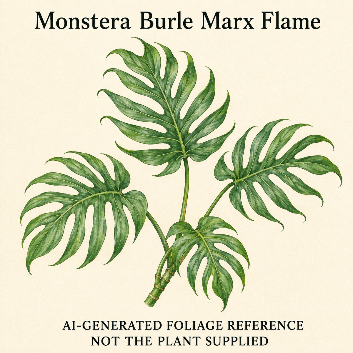 AI-generated foliage reference illustration for Monstera Burle Marx Flame. Not a photo of an available or supplied plant; size, stage and exact pattern are not promised.