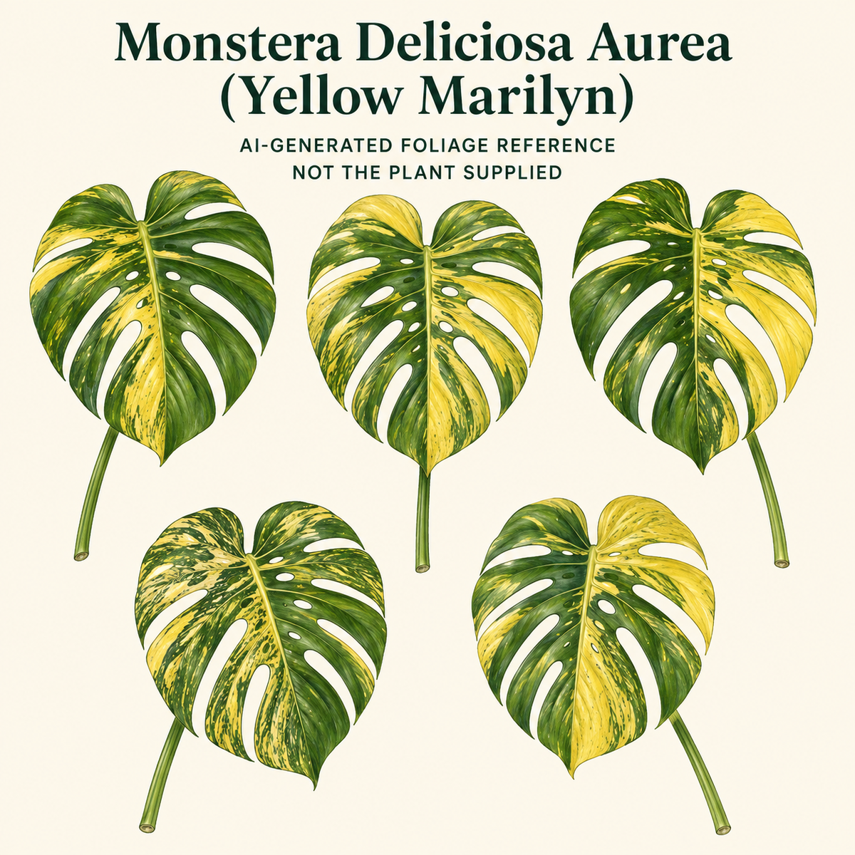AI-generated foliage reference illustration for Monstera deliciosa Yellow Marilyn. Not a photo of an available or supplied plant; size, stage and exact pattern are not promised.