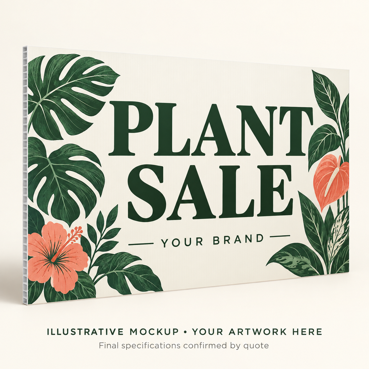 Illustrative Plant Sale Coroplast Sign with botanical artwork and a corrugated edge.