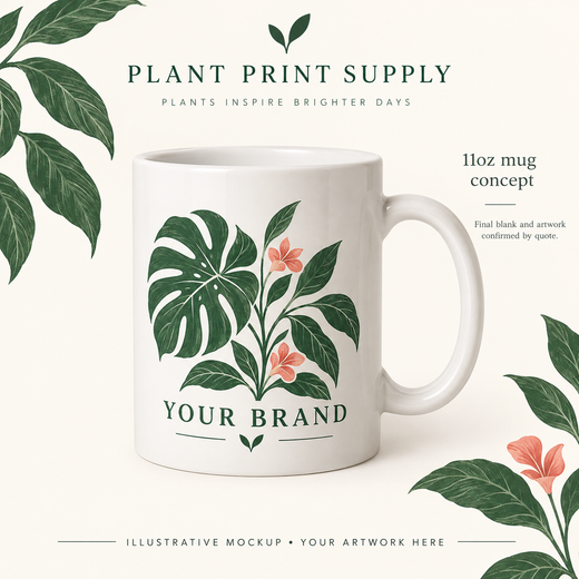 Illustrative Plant Seller 11 oz Mug concept with botanical brand artwork.