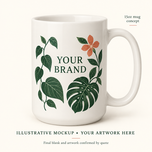 Illustrative Plant Seller 15 oz Mug concept with botanical brand artwork.