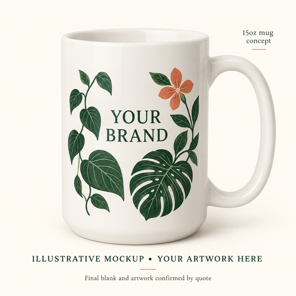 Illustrative Plant Seller 15 oz Mug concept with botanical brand artwork.