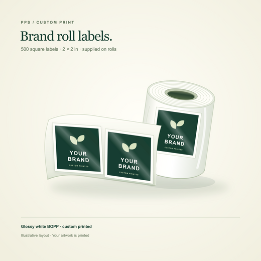 Illustration of custom square labels on a roll: 500 labels, 2 × 2 inches, glossy white BOPP. Sample layout; your artwork is printed.