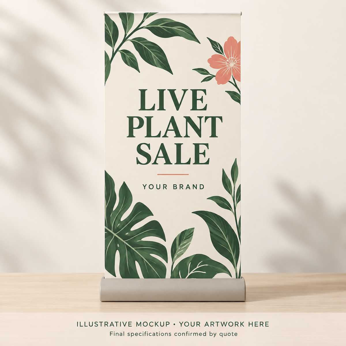 Illustrative Tabletop Live-Sale Banner concept with botanical branding.