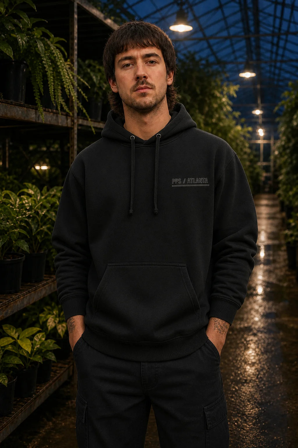 Plant Print Supply Greenhouse Night Shift black hoodie front digital product preview