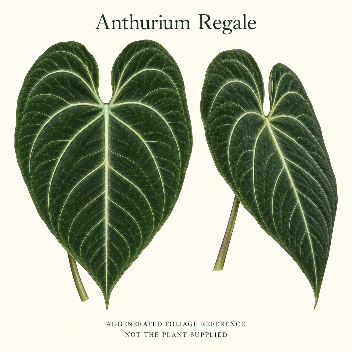 AI-generated foliage reference illustration for Anthurium Regale. Not a photo of an available or supplied plant; size, stage and exact pattern are not promised.