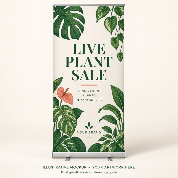 Illustrative Live-Sale Pull-Up Banner concept with botanical branding.