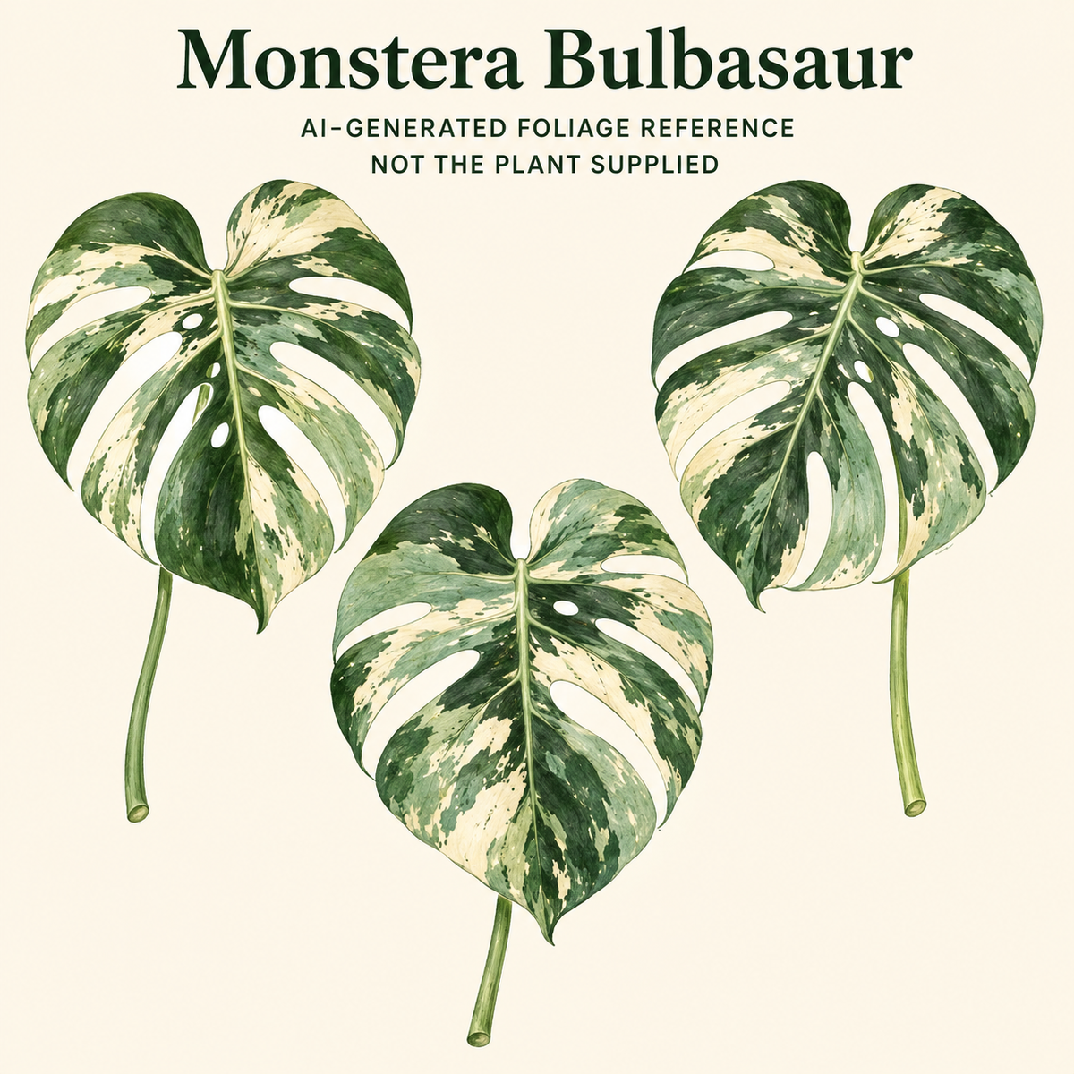 AI-generated foliage reference illustration for Monstera Bulbasaur. Not a photo of an available or supplied plant; size, stage and exact pattern are not promised.