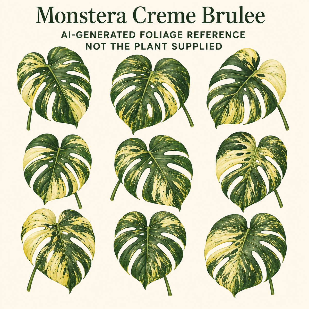 AI-generated foliage reference illustration for Monstera Crème Brûlée. Not a photo of an available or supplied plant; size, stage and exact pattern are not promised.