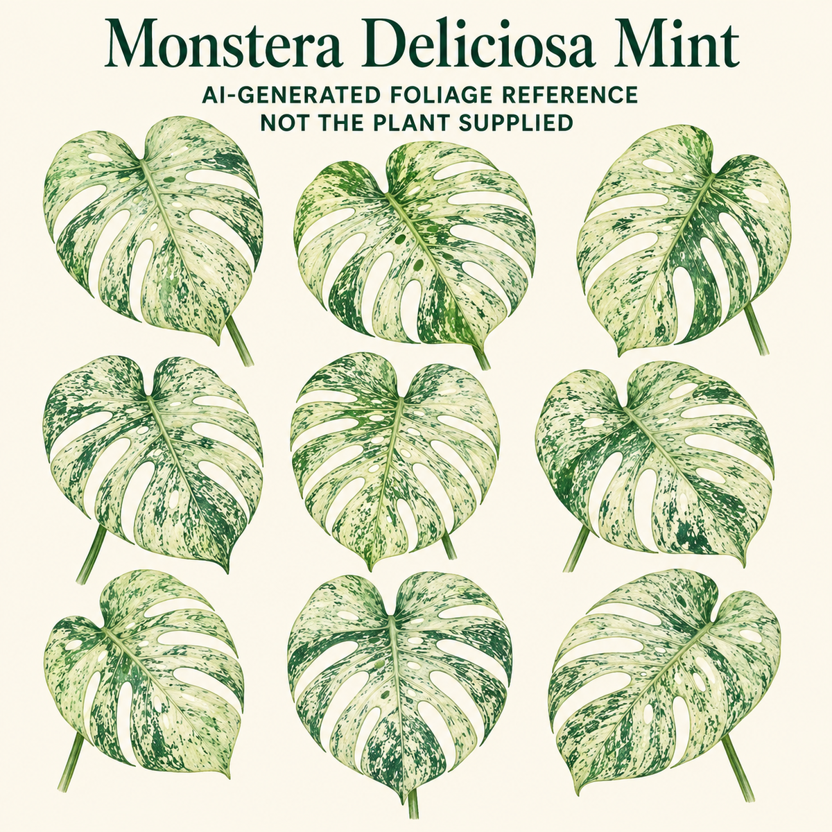 AI-generated foliage reference illustration for Monstera deliciosa Mint. Not a photo of an available or supplied plant; size, stage and exact pattern are not promised.