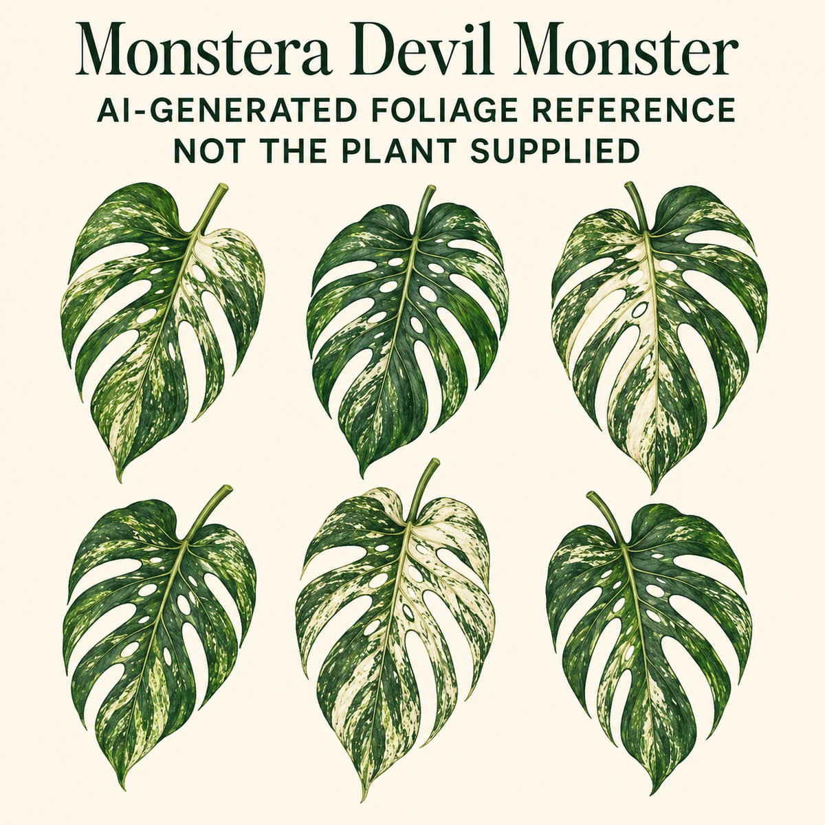 AI-generated foliage reference illustration for Monstera deliciosa Devil Monster. Not a photo of an available or supplied plant; size, stage and exact pattern are not promised.