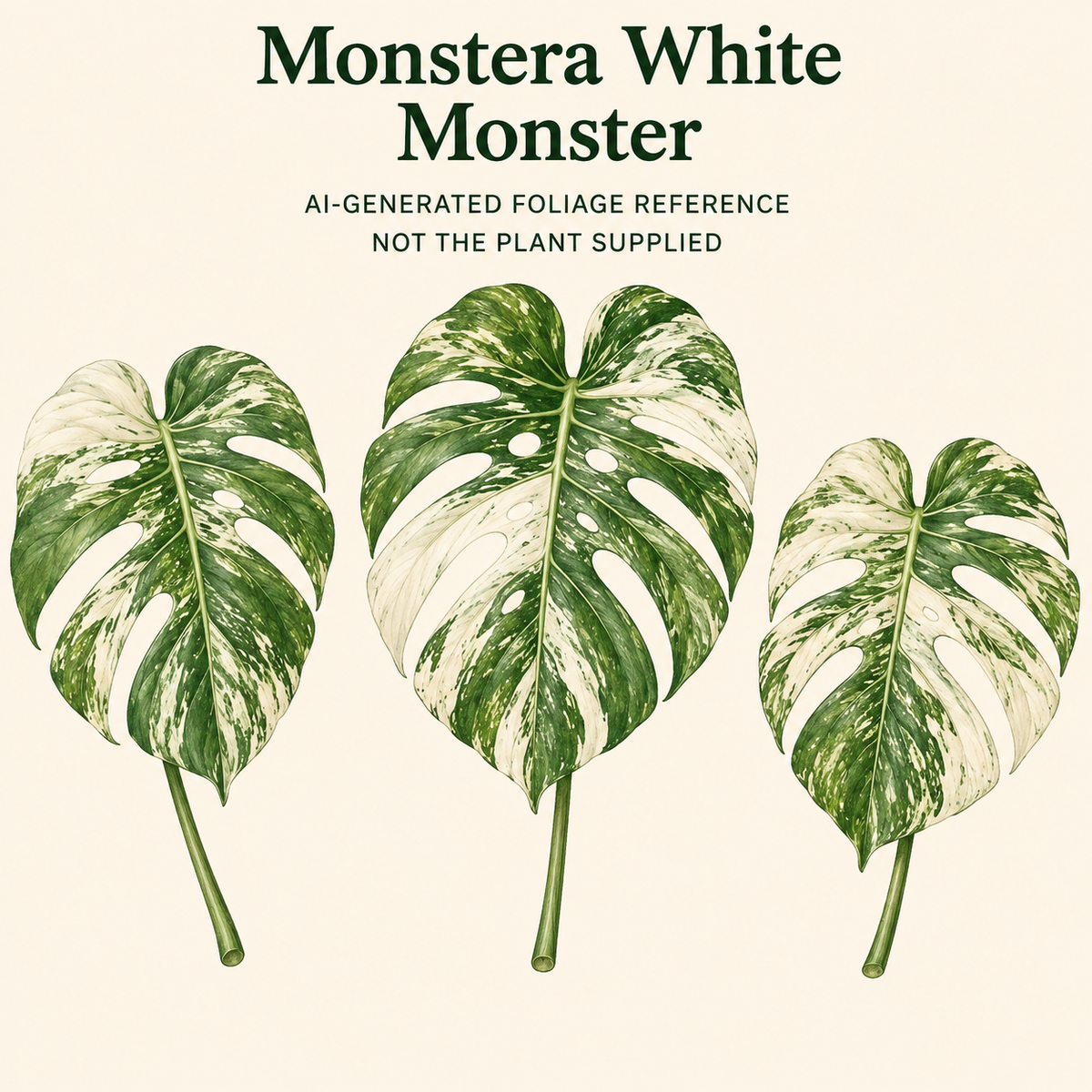 AI-generated foliage reference illustration for Monstera White Monster. Not a photo of an available or supplied plant; size, stage and exact pattern are not promised.