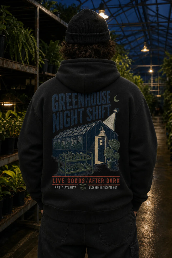 Plant Print Supply Greenhouse Night Shift black hoodie back digital product preview