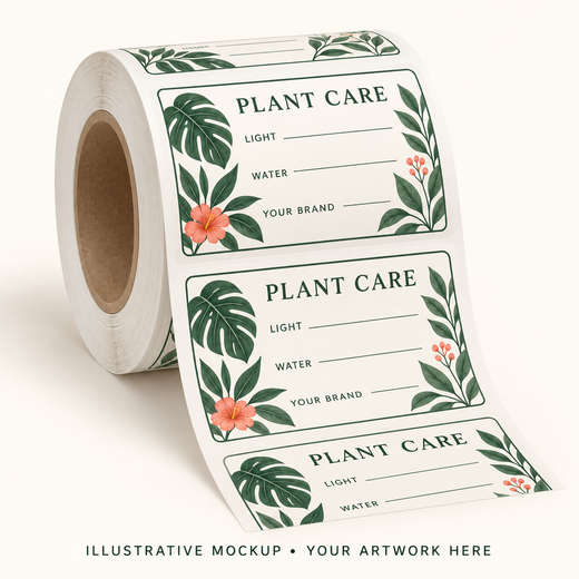 Illustrative Plant Care Roll Labels mockup with botanical artwork and blank light, water and notes fields.