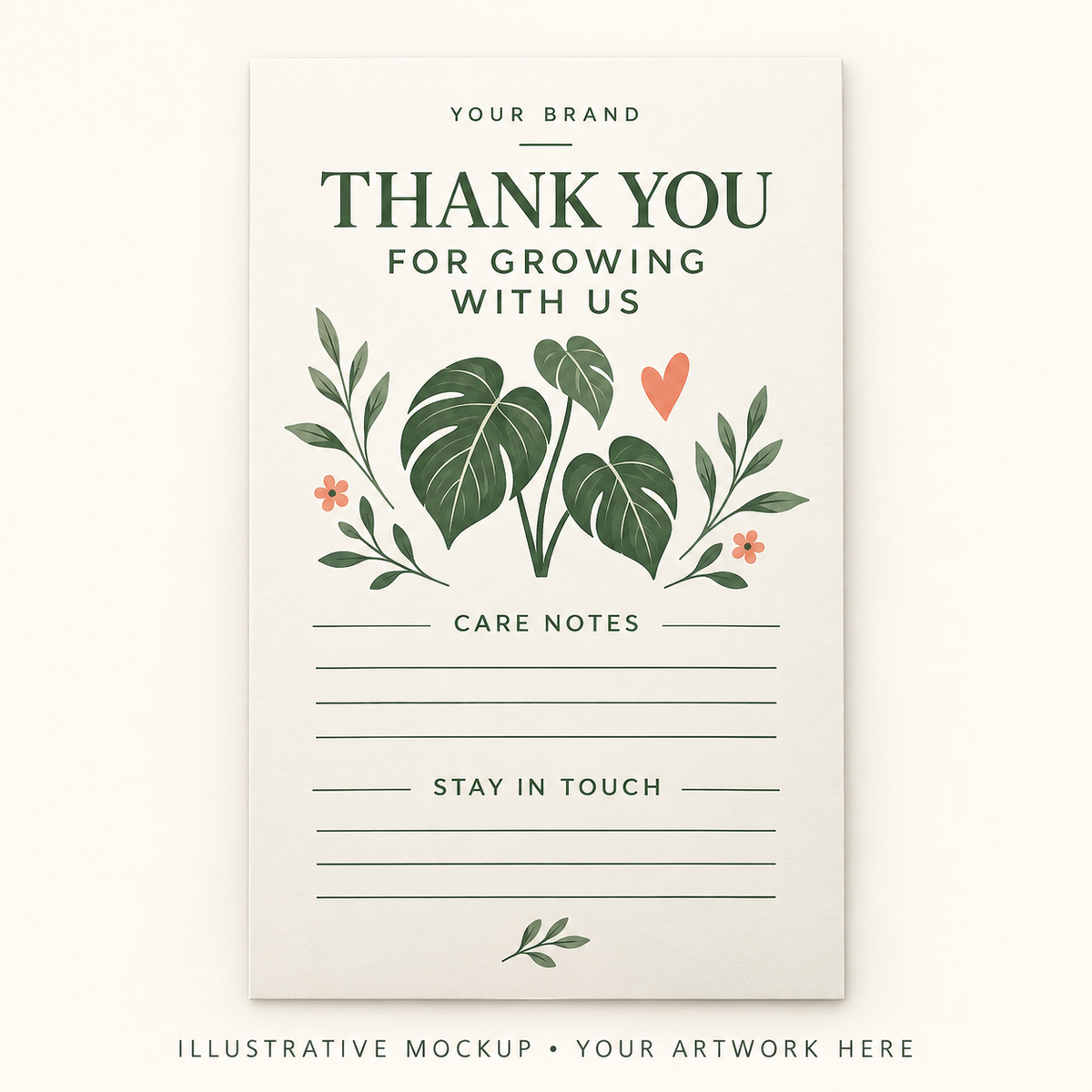 Illustrative Plant Packaging Insert mockup with botanical thank-you artwork and space for custom care notes.