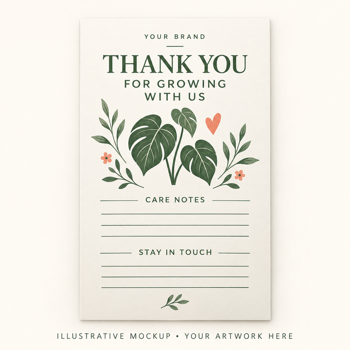 Illustrative Plant Packaging Insert mockup with botanical thank-you artwork and space for custom care notes.