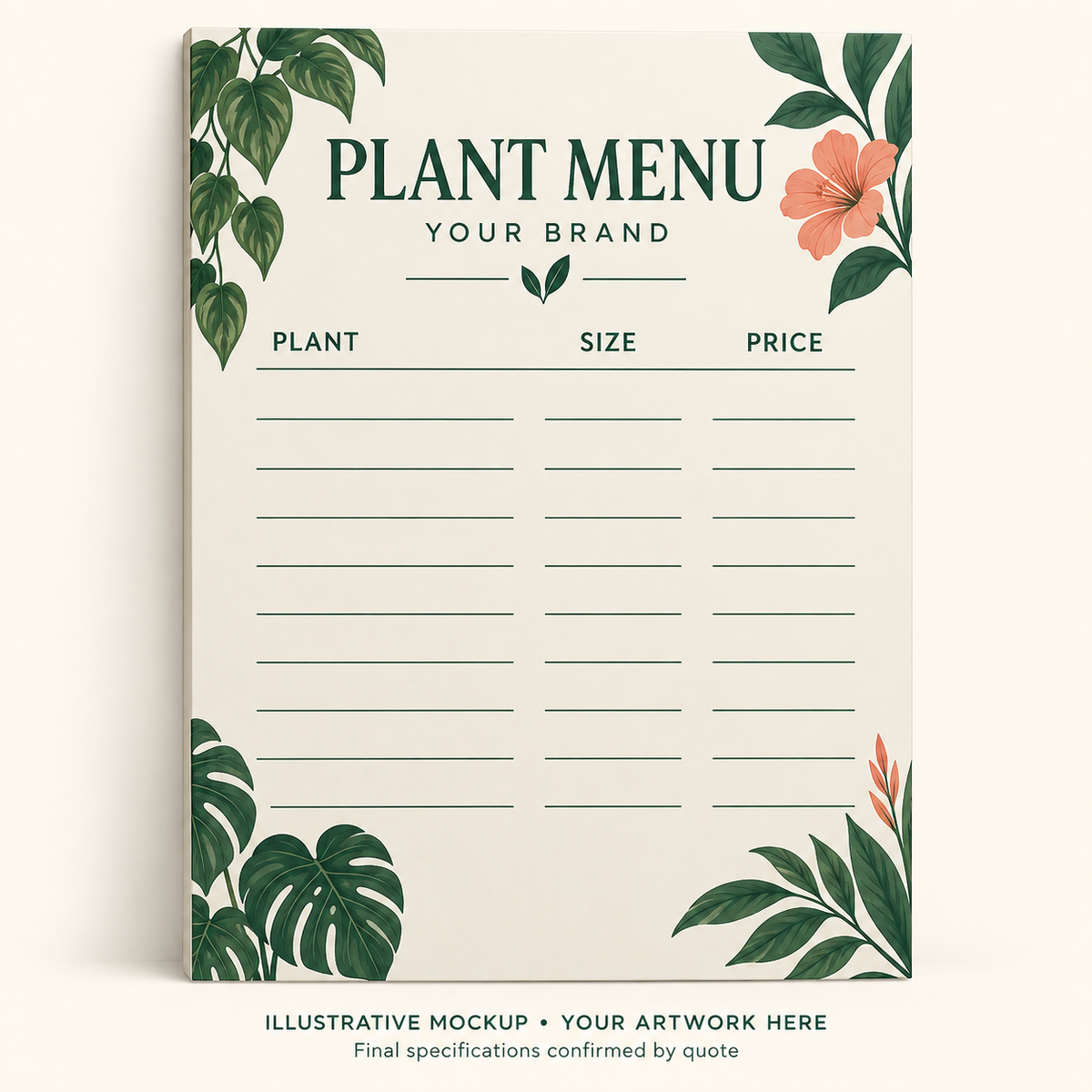 Illustrative Plant Price & Menu Board with botanical artwork and blank plant, size and price rows.