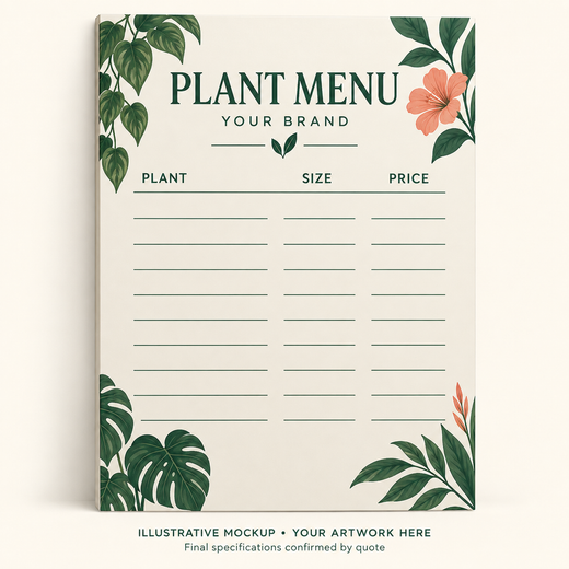 Illustrative Plant Price & Menu Board with botanical artwork and blank plant, size and price rows.