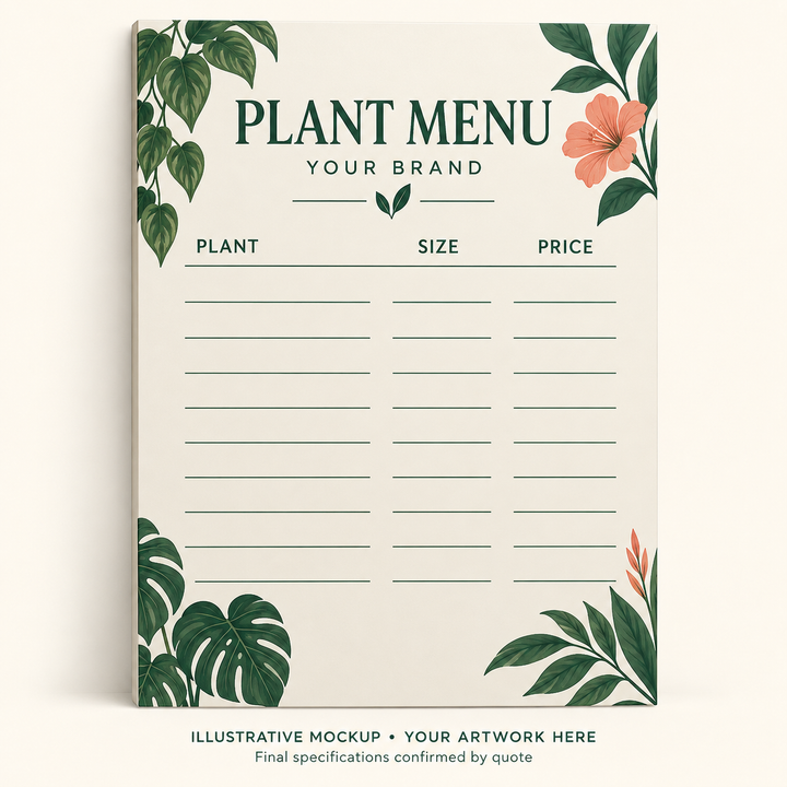 Illustrative Plant Price & Menu Board with botanical artwork and blank plant, size and price rows.
