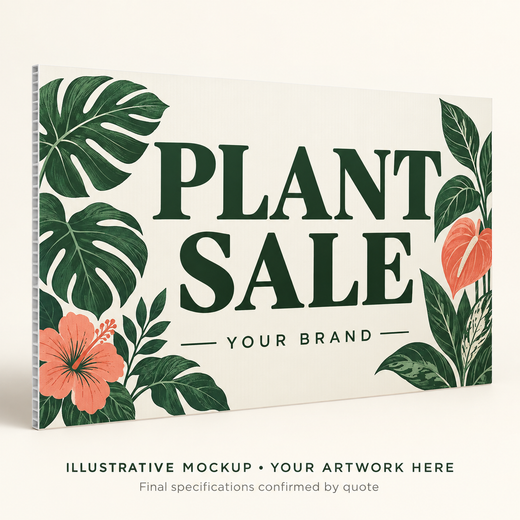 Illustrative Plant Sale Coroplast Sign with botanical artwork and a corrugated edge.