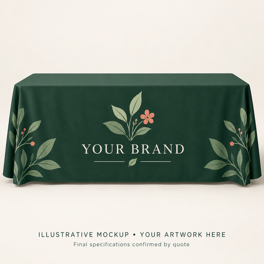 Illustrative Plant Seller 6ft Table Cover concept with botanical branding.