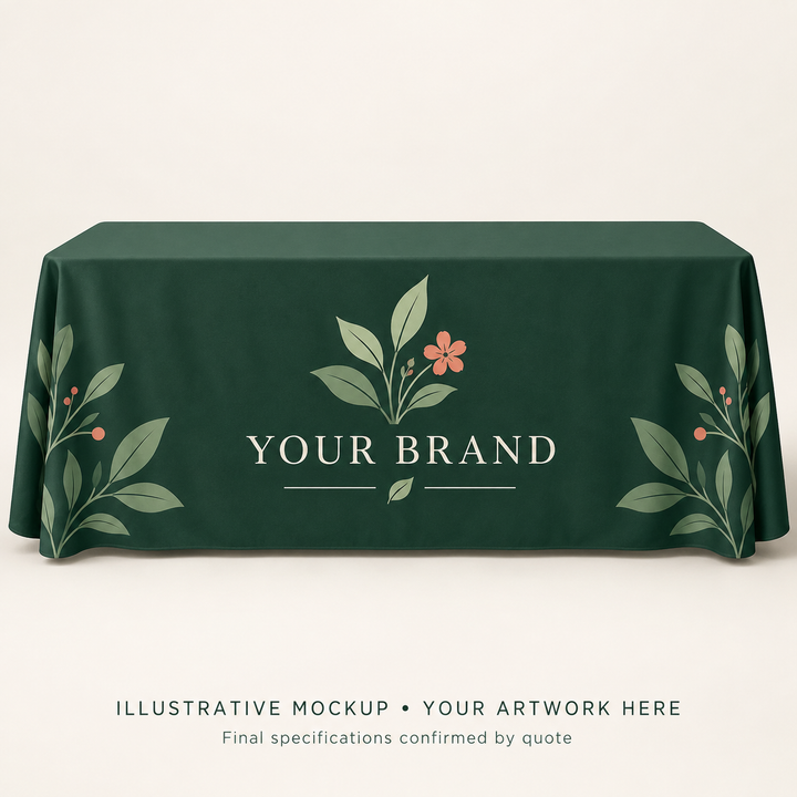 Illustrative Plant Seller 6ft Table Cover concept with botanical branding.