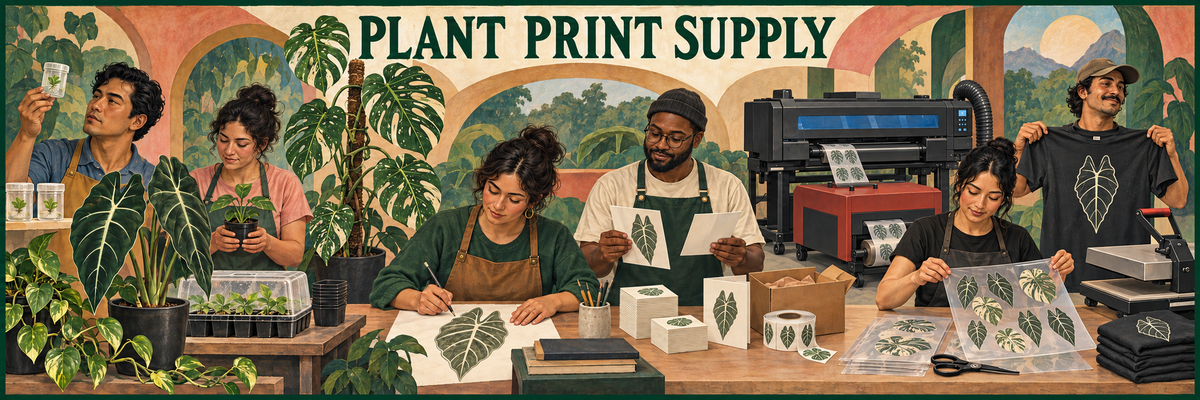 AI-generated PPS mural showing fictional people tending plants, drawing leaves and working with print materials in an imagined studio
