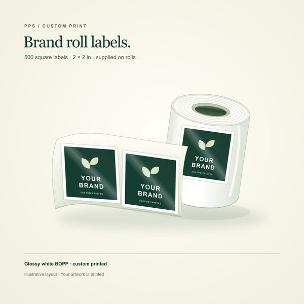 Illustration of custom square labels on a roll: 500 labels, 2 × 2 inches, glossy white BOPP. Sample layout; your artwork is printed.
