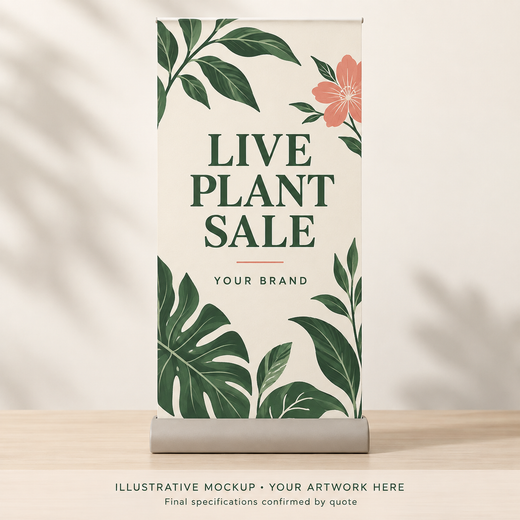 Illustrative Tabletop Live-Sale Banner concept with botanical branding.