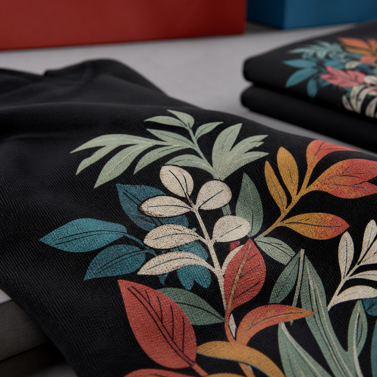 Close-up of a botanical DTF print on black cotton fabric