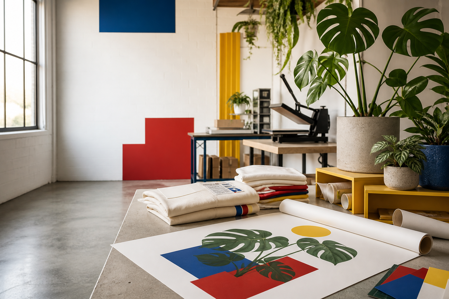 Plant Print Shop studio with tropical plants, apparel, and print materials